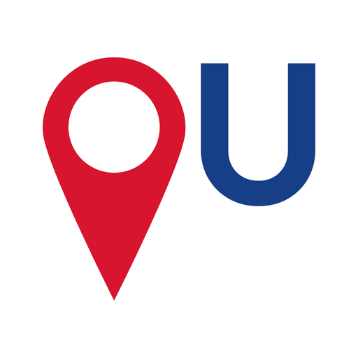 Ícone da Tripstou com marcador de localização vermelho e letra U azul sobre fundo branco.